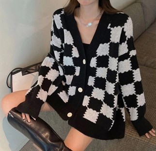 Touz Kawaii Y2K Tarz Sokak Stili  Siyah Beyaz Ekoseli Unisex Hırka