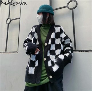 Touz Kawaii Y2K Tarz Sokak Stili  Siyah Beyaz Ekoseli Unisex Hırka
