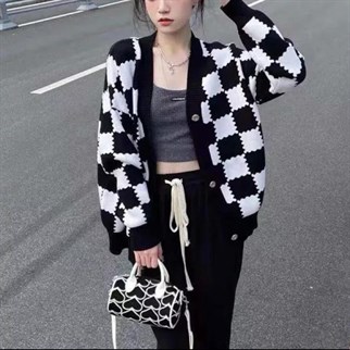 Touz Kawaii Y2K Tarz Sokak Stili  Siyah Beyaz Ekoseli Unisex Hırka