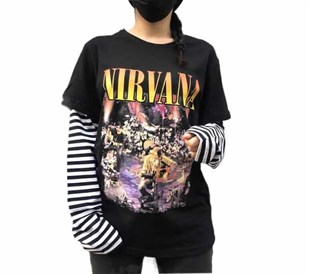 Touz Nirvana - ( Kurt Cobain ) MTV Unplugged Unisex Çizgili Kollu T-shirt