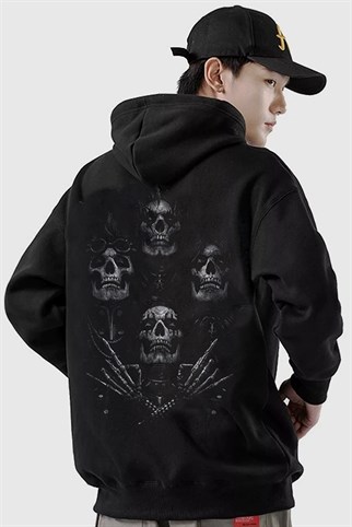 Touz Ön Arka Baskı Gothic Metal Skeleton Unisex Hoodie