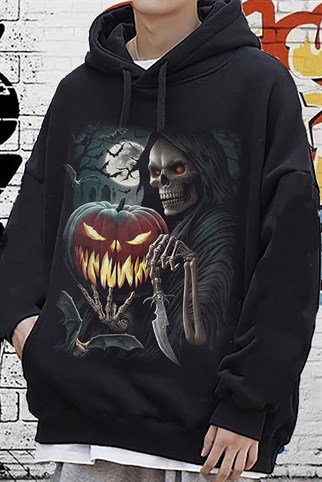 Touz Ön Arka Baskı Gothic Skeleton Unisex Hoodie