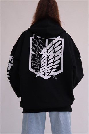 Touz Sırt Baskılı Anime Attack On Titan Siyah Kapüşonlu  Sweatshirt