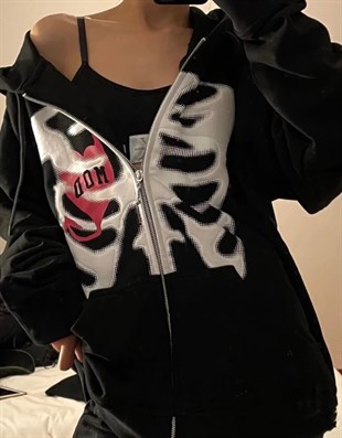 Touz Siyah Harajuku Chest And Heart (Unisex) Kapşonlu