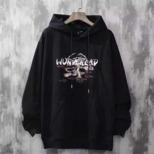 Touz Siyah Harajuku Kanji Wonderland (Unisex) Kapşonlu