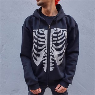 Touz Skeleton Siyah Kalın Pamuklu (Unisex) Fermuarlı Kapşonlu