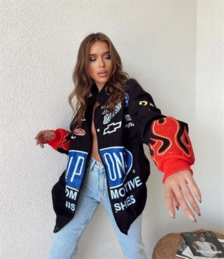 Touz Unisex İçi Astarlı Kırmızı Flame Yarışçı Kot Ceket