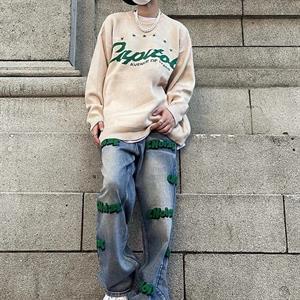 Touz Y2K Vintage Harajuku Star Capitol Ön Arka Baskılı Unisex Oversize Ecru Kazak