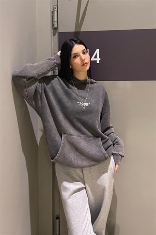 Touz Yıkamalı Ön Arka Baskılı Oversize Unisex Hoodie