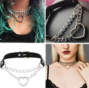 Touz Zincirli Kalp Detay Suni Deri Choker