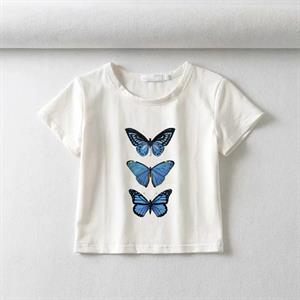 Triple Blue Butterfly Baskılı Beyaz Crop