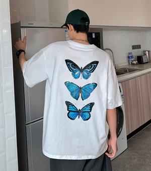 Triple Blue Butterfly Sırt Baskılı Beyaz Unisex Oversize T-shirt