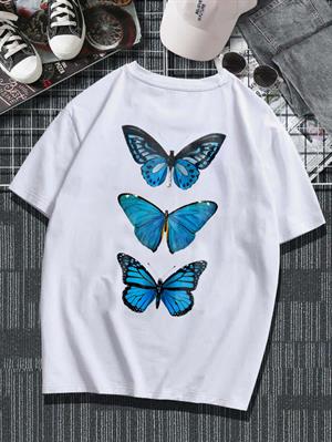 Triple Blue Butterfly Sırt Baskılı Beyaz Unisex Oversize T-shirt