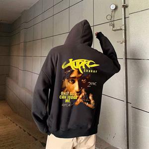 Tupac Shakur Baskılı Siyah Unisex Oversize Kapüşonlu Sweatshirt
