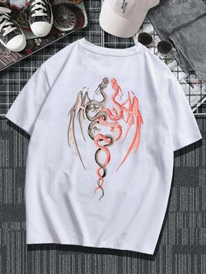 Twin Dragon Sırt Baskılı Beyaz Unisex Oversize T-shirt