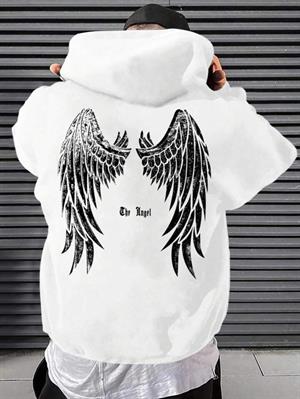 Unisex Angel Sırt Baskılı Kapşonlu Beyaz Sweatshirt 