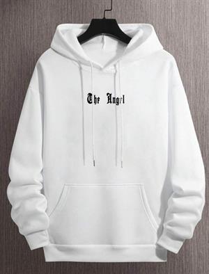 Unisex Angel Sırt Baskılı Kapşonlu Beyaz Sweatshirt 