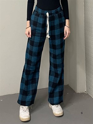Unisex Ekose Mavi Detaylı Eşofman Altı