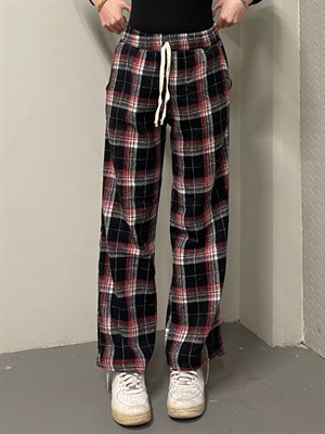 Unisex Ekose Siyah Gri Detaylı Eşofman Altı