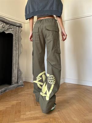 Unisex  Kargo Cepli Lastik Detaylı Haki Krem Baskılı Baggy Jean