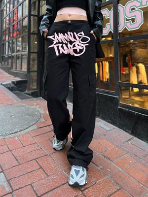 Unisex  Kargo Cepli Lastik Detaylı Siyah Pembe Baskılı Baggy Jean