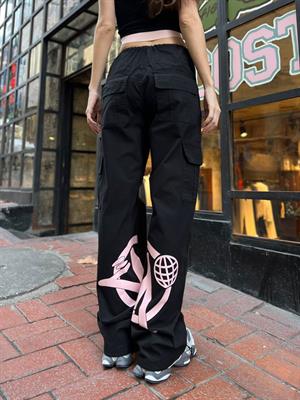 Unisex  Kargo Cepli Lastik Detaylı Siyah Pembe Baskılı Baggy Jean