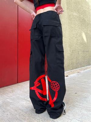 Unisex  Kargo Cepli Lastik Detaylı Siyah Kımızı Baskılı Baggy Jean