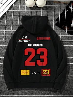 Unisex Los Angeles Baskılı Kapşonlu Siyah Sweatshirt 