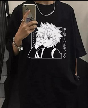 Unisex Oversize Siyah Killua Zoldyck Hunter X Hunter Anime T-Shirt