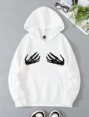 Unisex Skeleton Hand Baskılı Kapşonlu Beyaz Sweatshirt 