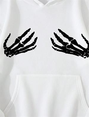 Unisex Skeleton Hand Baskılı Kapşonlu Beyaz Sweatshirt 