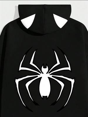 Unisex Spider Baskılı Kapşonlu Siyah Sweatshirt 