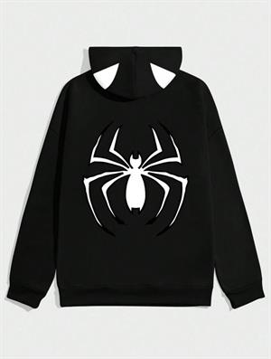 Unisex Spider Baskılı Kapşonlu Siyah Sweatshirt 