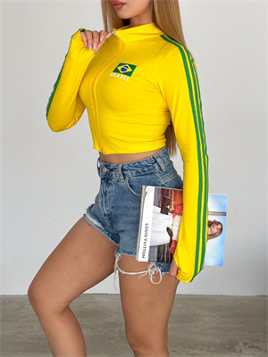 Uzun Kol Brazil Fermuarlı Sarı Bluz Body