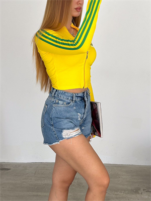 Uzun Kol Brazil Fermuarlı Sarı Bluz Body