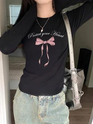 Uzun Kol Ribbon Baskılı Bluz Body