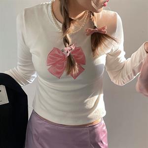 Uzun Kol Ribbon Baskılı Bluz Body