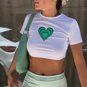 Vintage Green Heart Baskılı Beyaz Crop