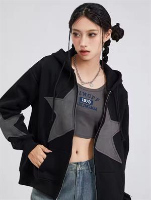 Vintage Star Zip Oversize Fermuarlı Unisex Kapüşonlu Hırka