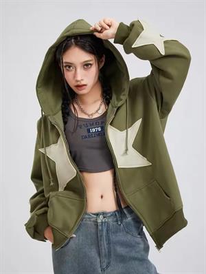 Vintage Star Zip Oversize Fermuarlı Unisex Kapüşonlu Hırka