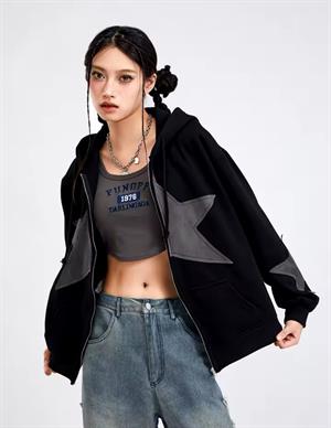 Vintage Star Zip Oversize Fermuarlı Unisex Kapüşonlu Hırka