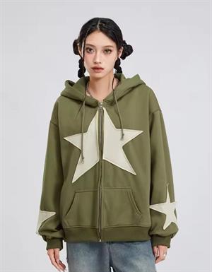 Vintage Star Zip Oversize Fermuarlı Unisex Kapüşonlu Hırka