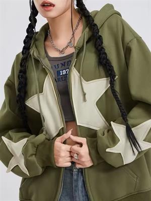 Vintage Star Zip Oversize Fermuarlı Unisex Kapüşonlu Hırka
