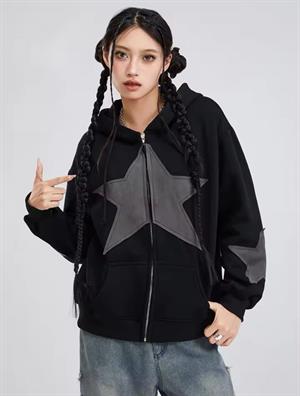 Vintage Star Zip Oversize Fermuarlı Unisex Kapüşonlu Hırka