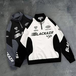 Vintage Yarım Zip Yarışcı Baskılı Beyaz Unisex Oversize Sweatshirt