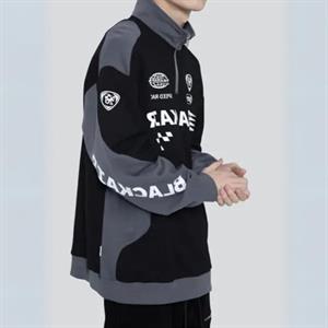 Vintage Yarım Zip Yarışcı Baskılı Siyah Unisex Oversize Sweatshirt