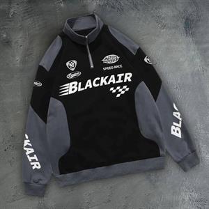 Vintage Yarım Zip Yarışcı Baskılı Siyah Unisex Oversize Sweatshirt
