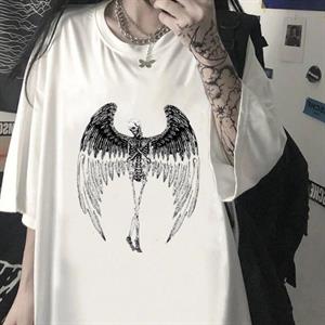 Winged Skeleton Baskılı Beyaz Unisex Oversize T-shirt