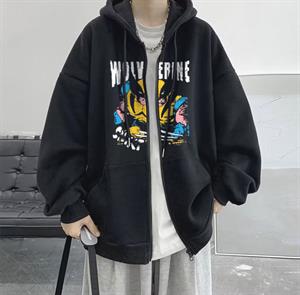 Wolverine Baskılı Oversize Fermuarlı Siyah Unisex Kapüşonlu Hırka