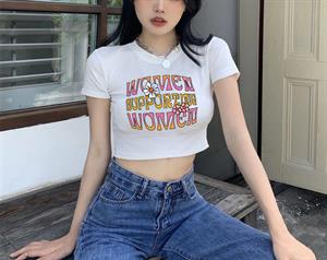 Women Supporting Baskılı Beyaz Crop